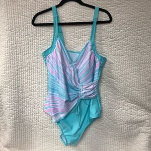 Women’s Retro, 80’s, Feminine, Blue-Pink Pastel 1 Piece Bathing Suit. Size XXL